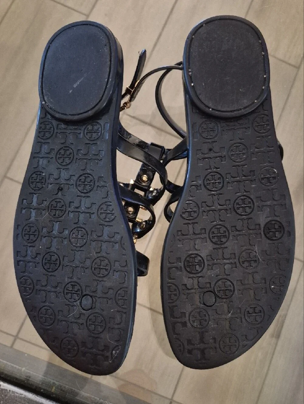 Tory Burch Black Gladiator Sandal with Gold Stud Accents